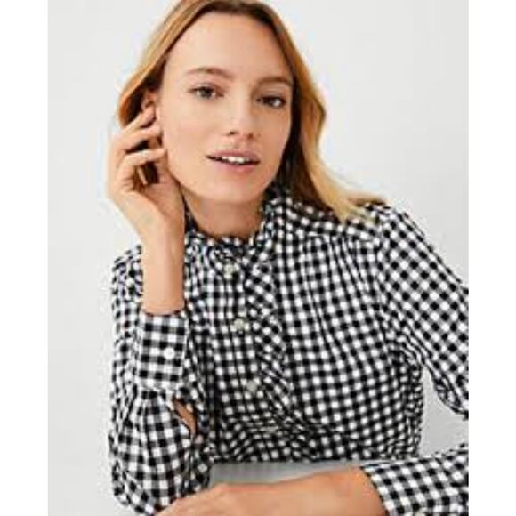 Ann Taylor Black & White Gingham Button Up Blouse with Ruffle Collar Small - Picture 2 of 9